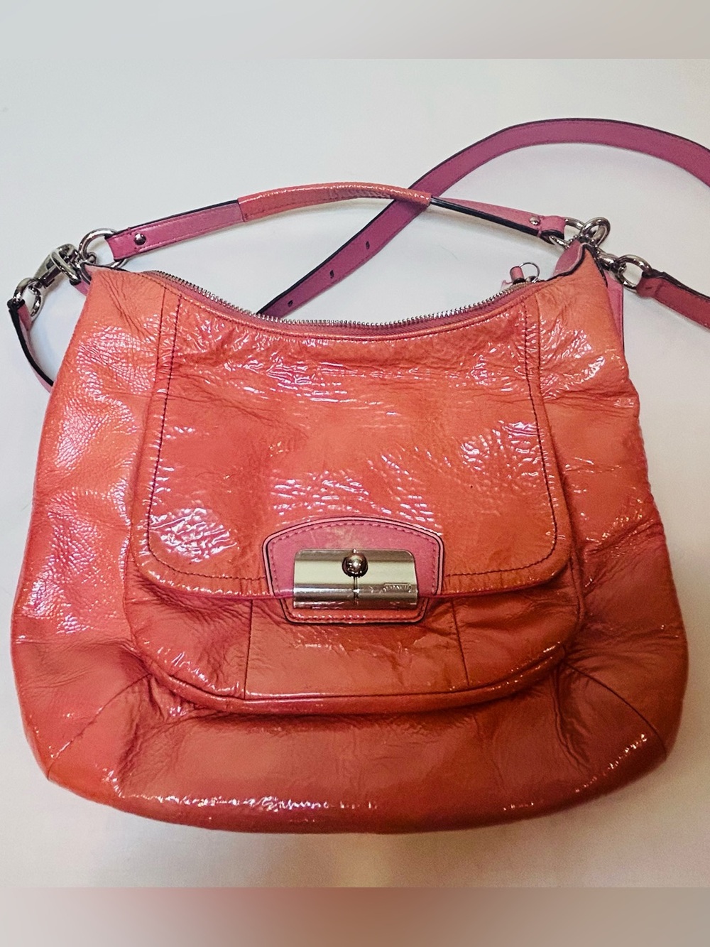Coach Kristin Patent Leather Hobo/Flap Bag Coral Pink (19299) Good Condition
